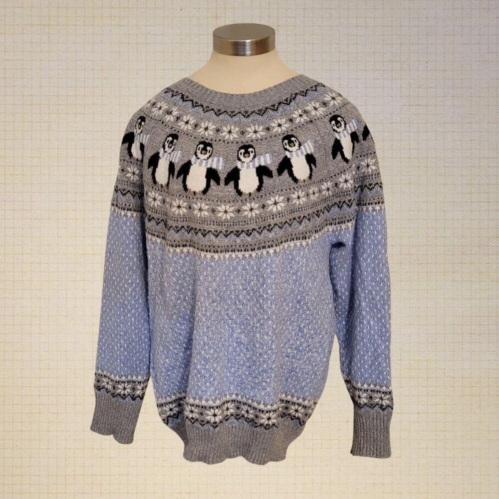 Festive Holiday Penguin Knit Sweater Unisex XL Tinsel Accents Polyester